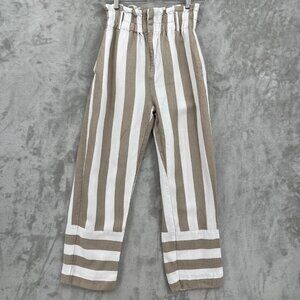 Point Sur Striped Paperbag Waist Pants Khaki Ivory Lightweight Crepe